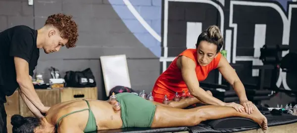 Therapists treating an athlete inside a gym